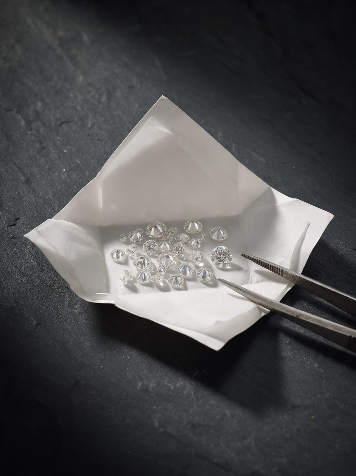 A parcel of loose round brilliant diamonds on a grading tray under a jeweller’s loupe