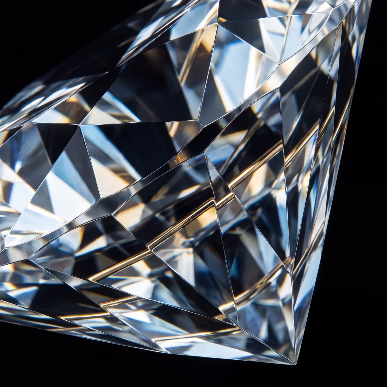 Extreme macro of diamond facet geometry refracting white, ice-blue and gold light