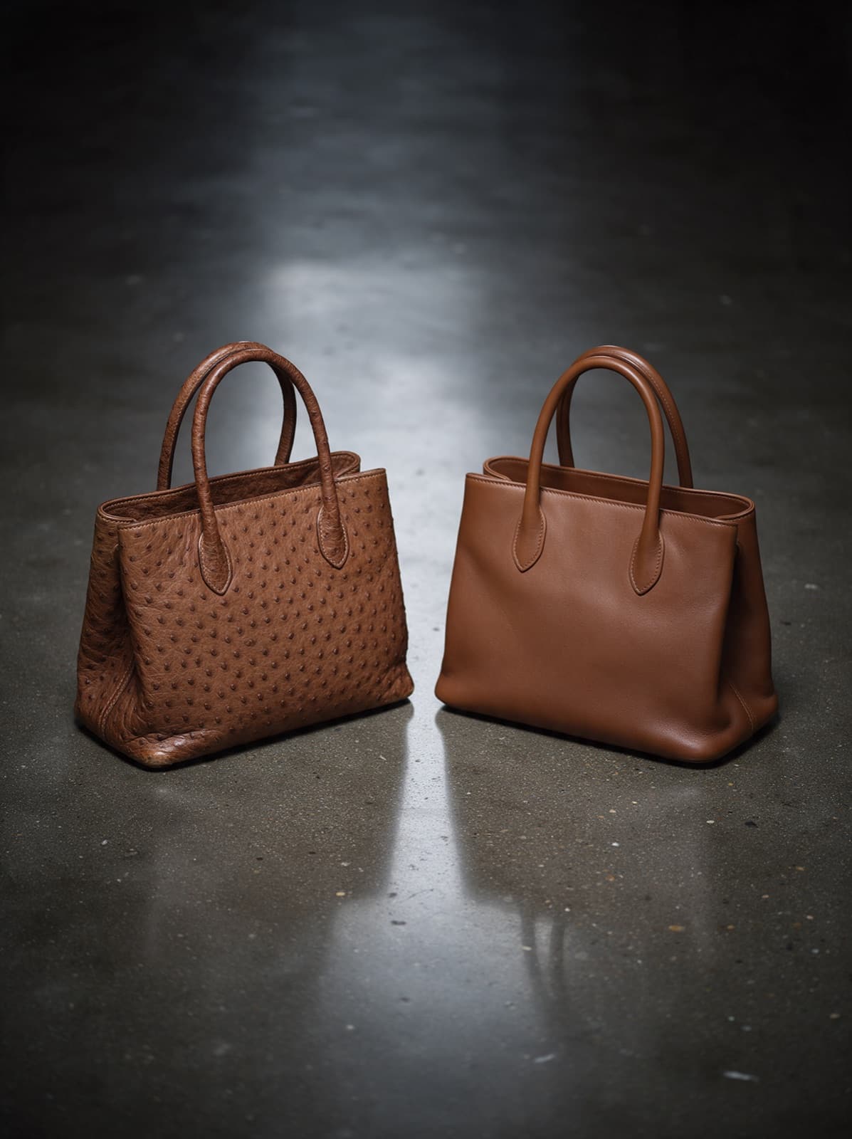 Collectible luxury handbags including exotic leather pieces arranged on a dark surface