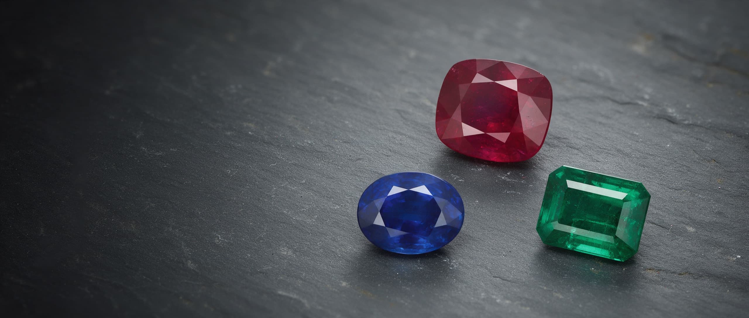 An unheated ruby, a Ceylon sapphire and a Colombian emerald arranged on a black stone surface