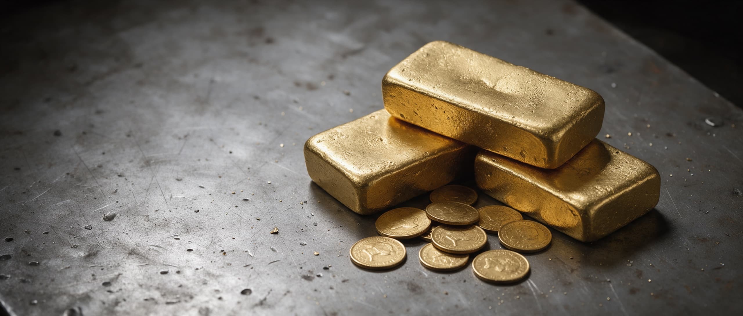 Cast gold bullion bars and sovereign coins on black slate under raking light