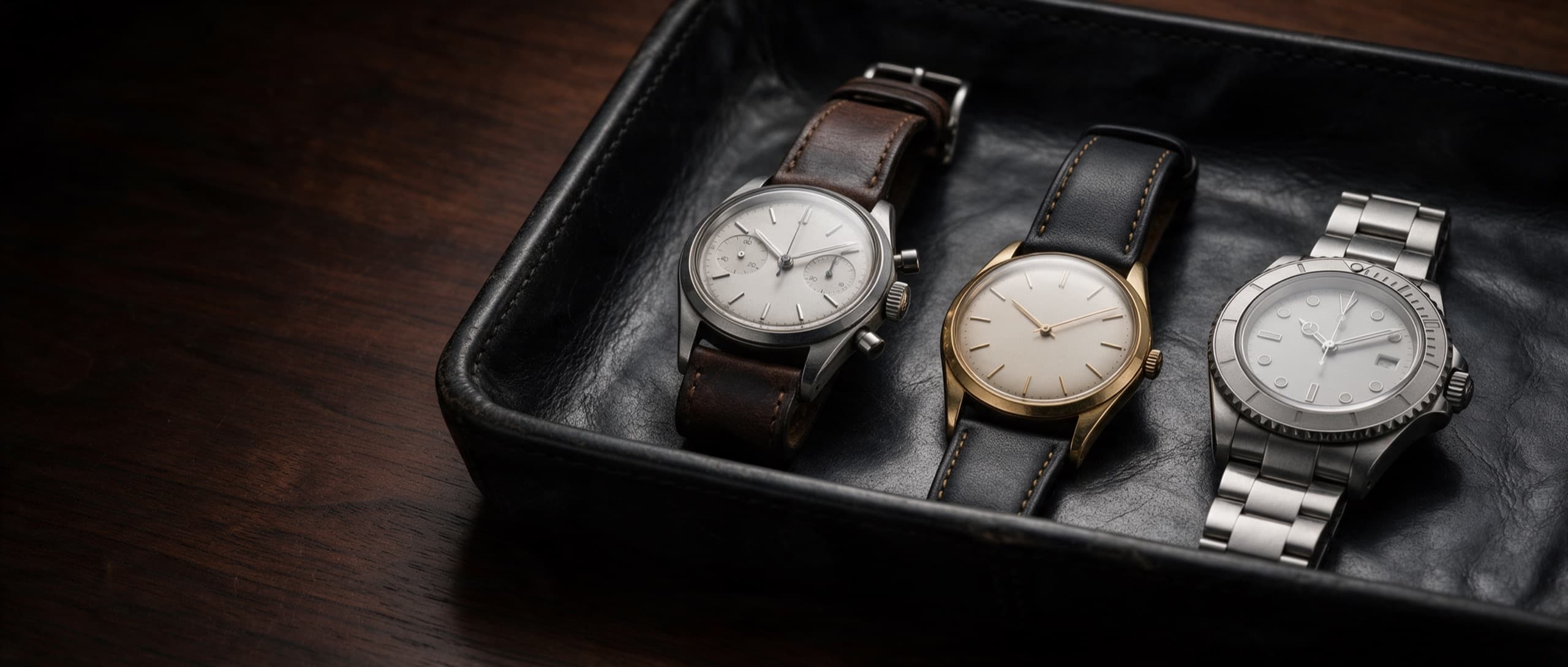 Three luxury wristwatches arranged on a black leather watch tray