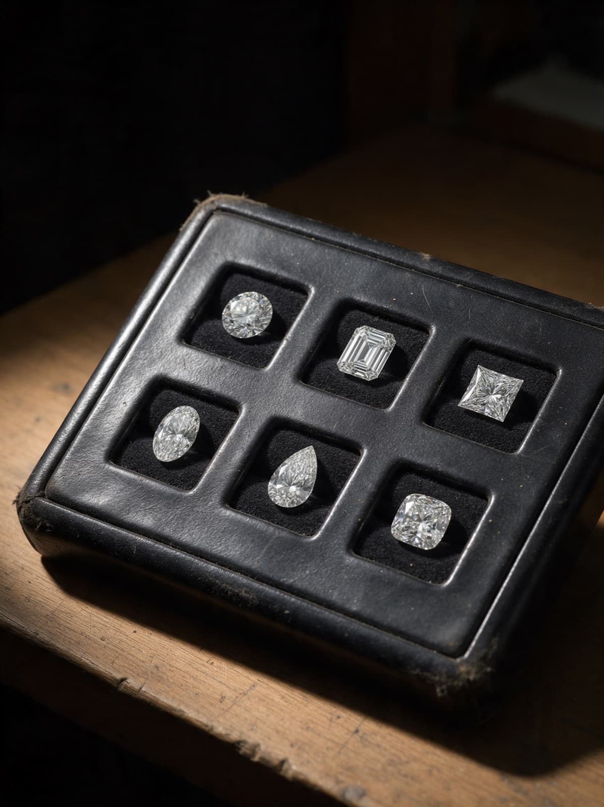 A black leather presentation tray holding six loose diamonds of different cuts
