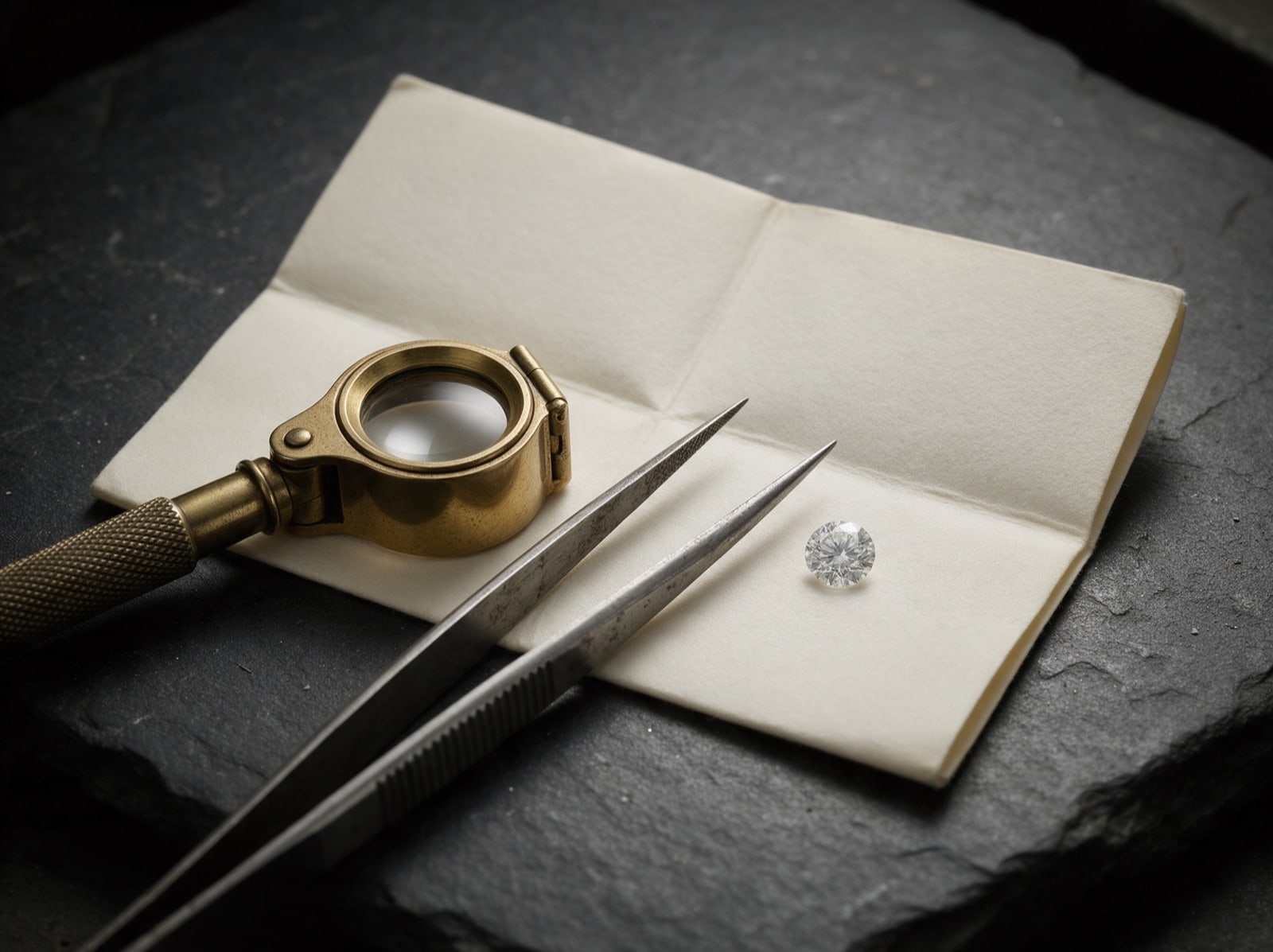A brass jeweller’s 10x loupe and steel tweezers resting on a grading document beside a round brilliant diamond