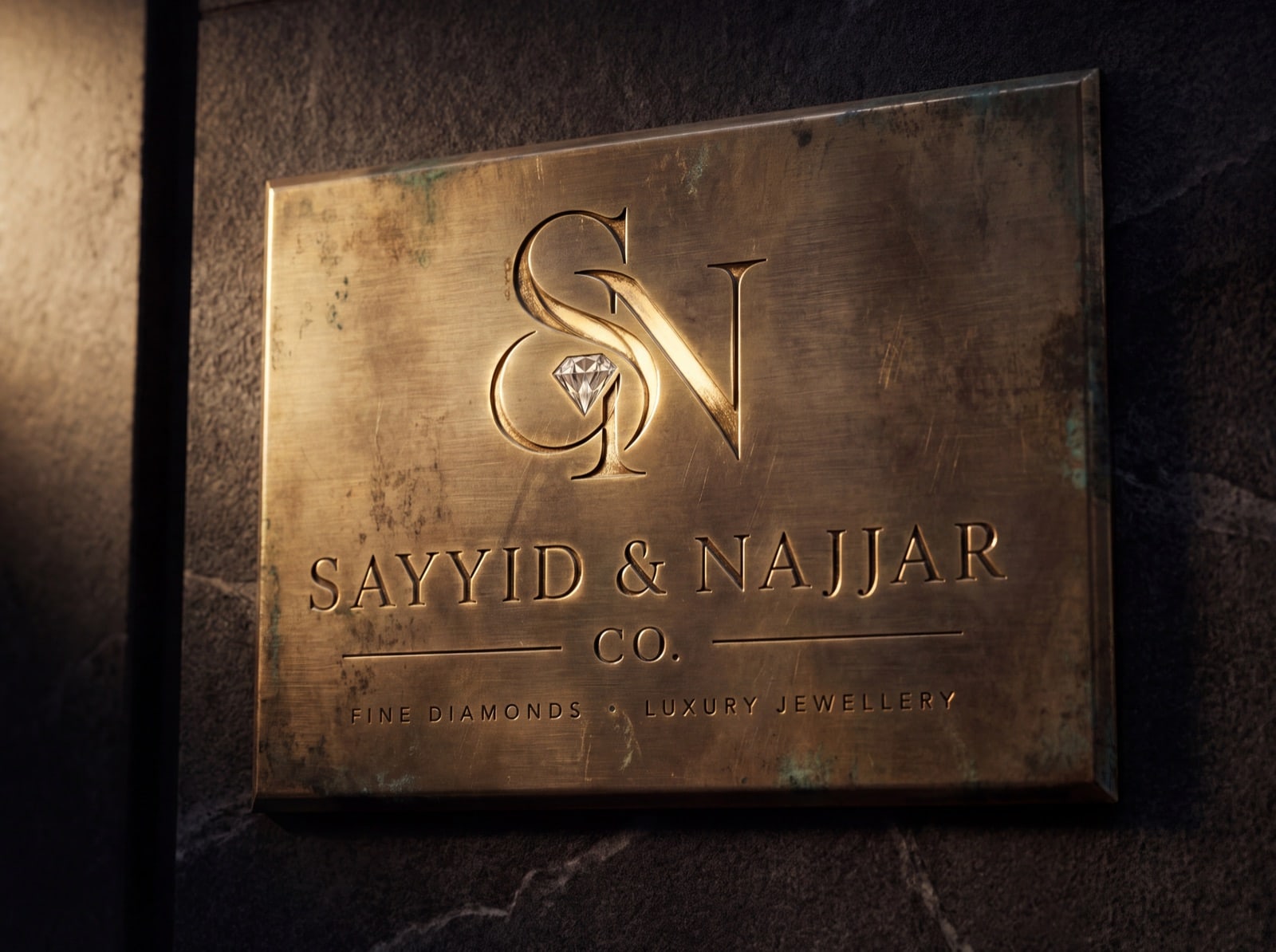 A brass plaque engraved with the Sayyid & Najjar Co. wordmark, mounted on dark stone