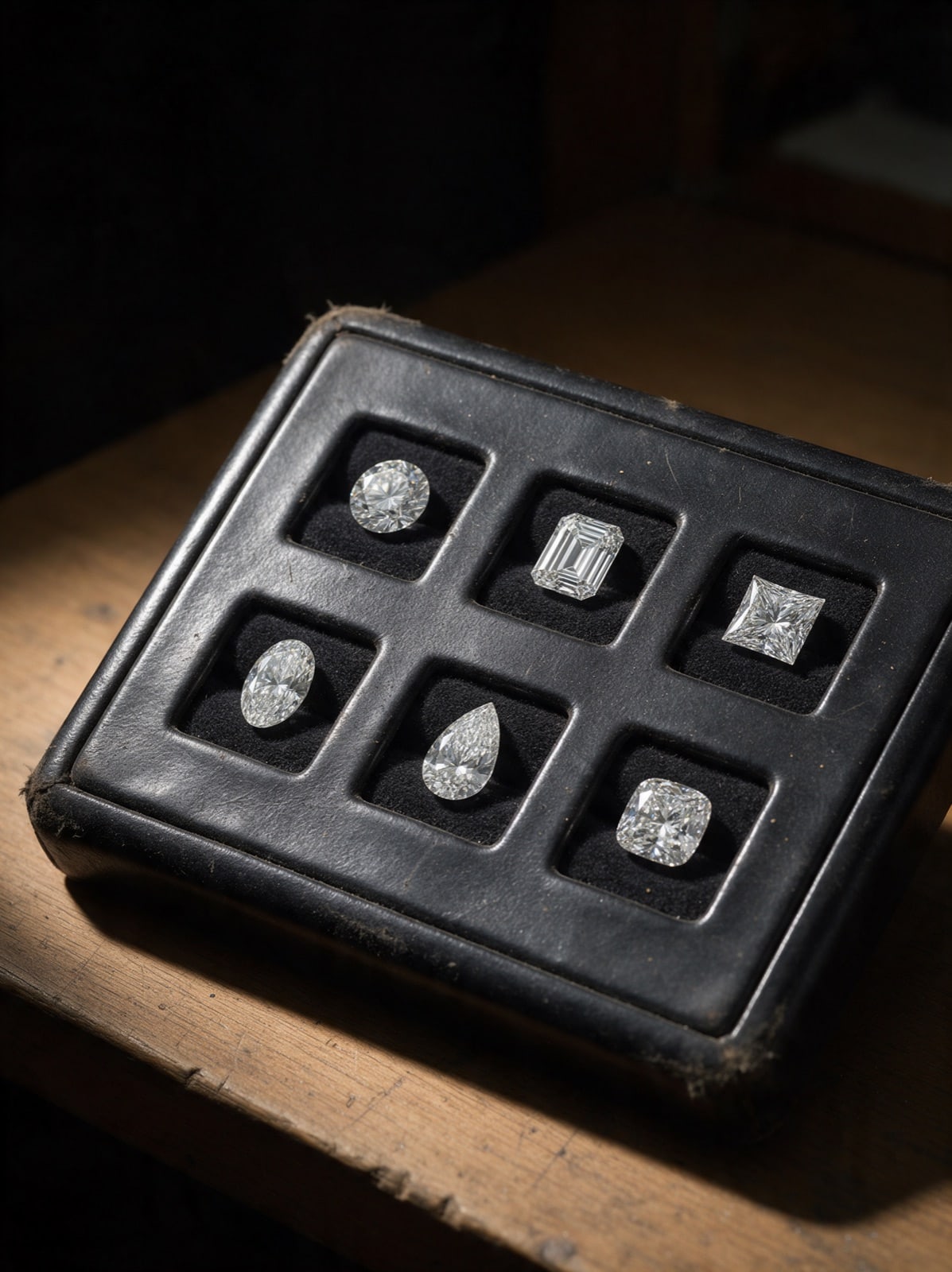 A black leather presentation tray holding six loose diamonds of different cuts, ready for comparison