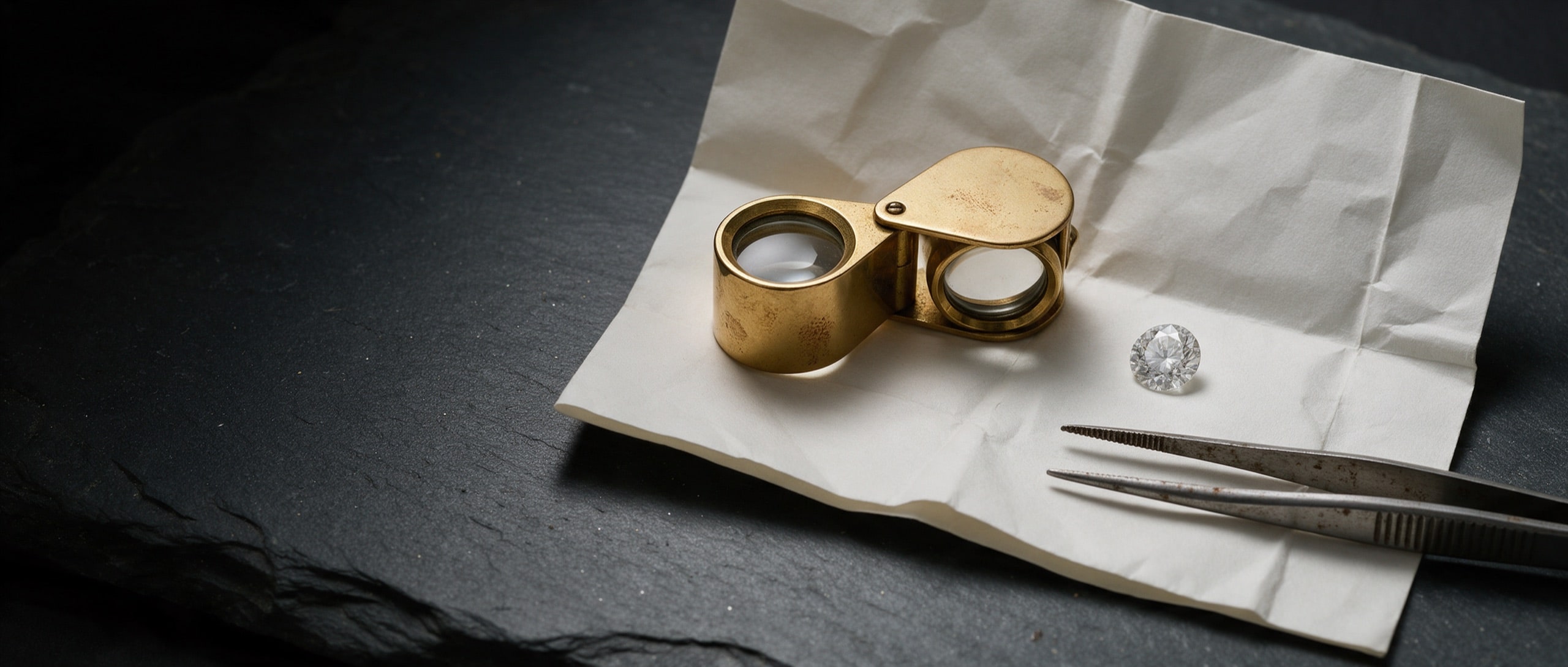 A brass jeweller’s loupe resting on a grading document beside a round brilliant diamond