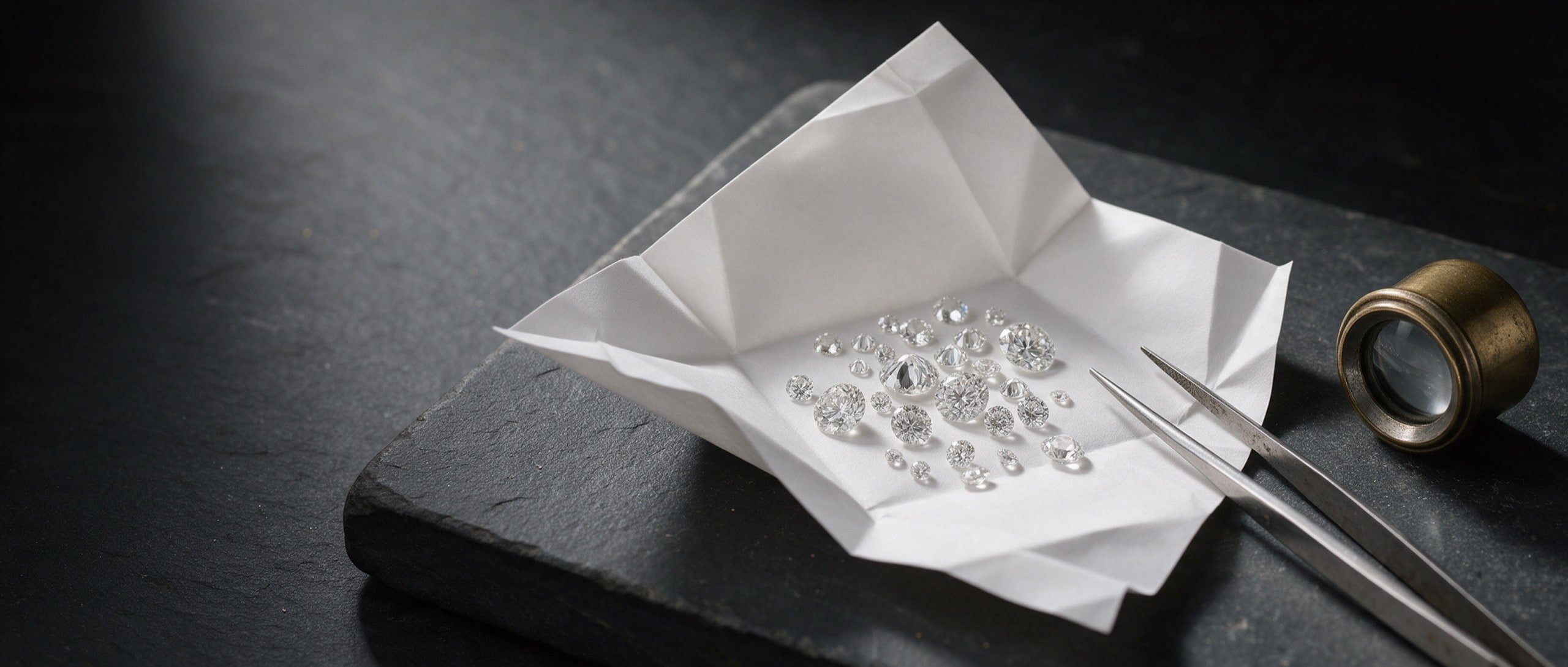 An open diamond parcel paper holding loose brilliant-cut diamonds beside steel tweezers