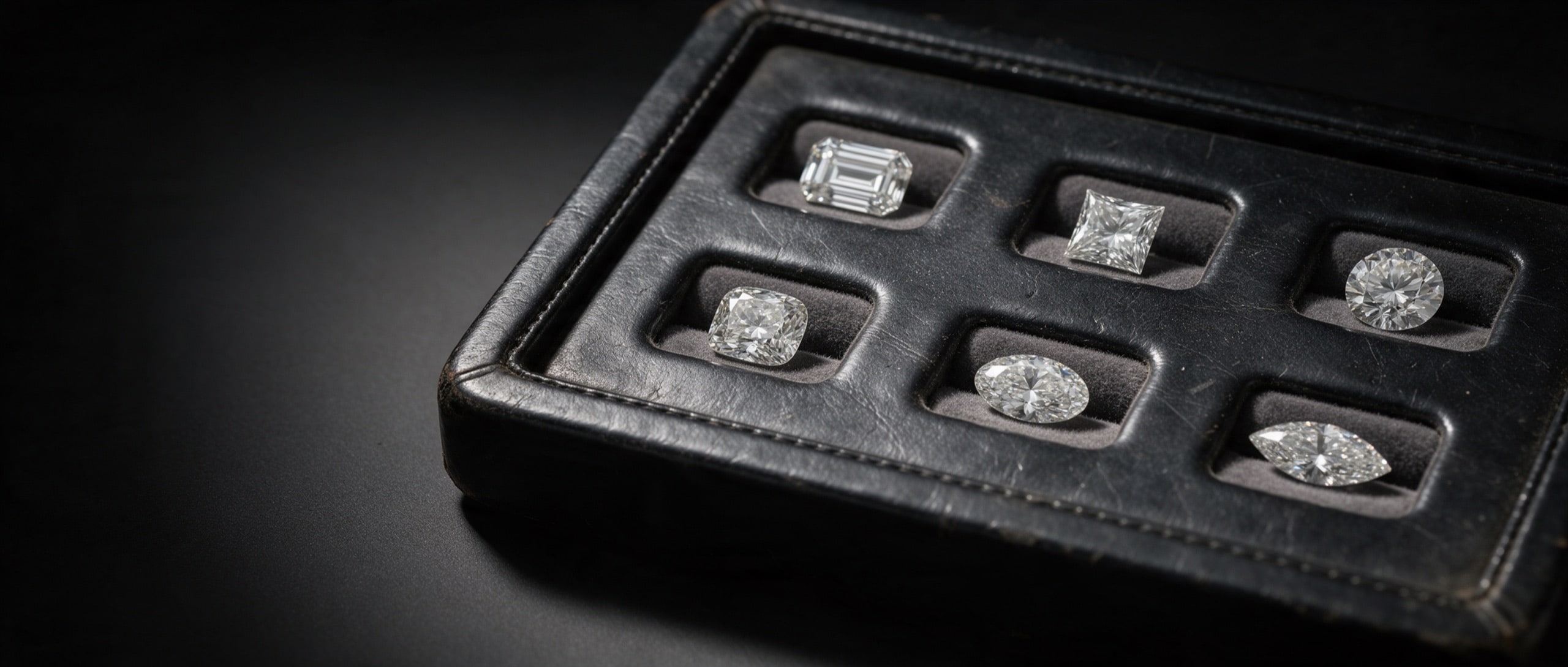 A black leather presentation tray holding six loose diamonds of different cuts