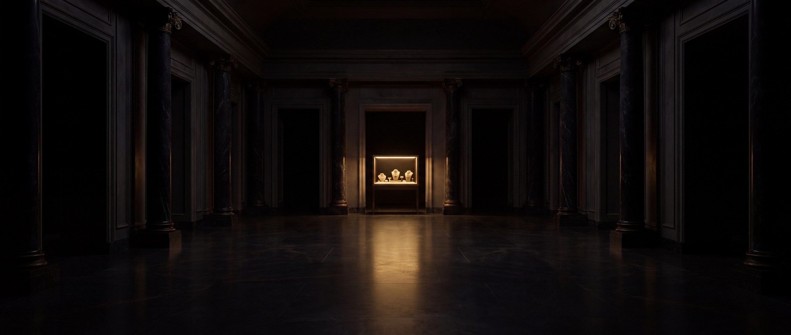 A darkened jewellery salon at night, a single illuminated vitrine glowing gold in the far distance