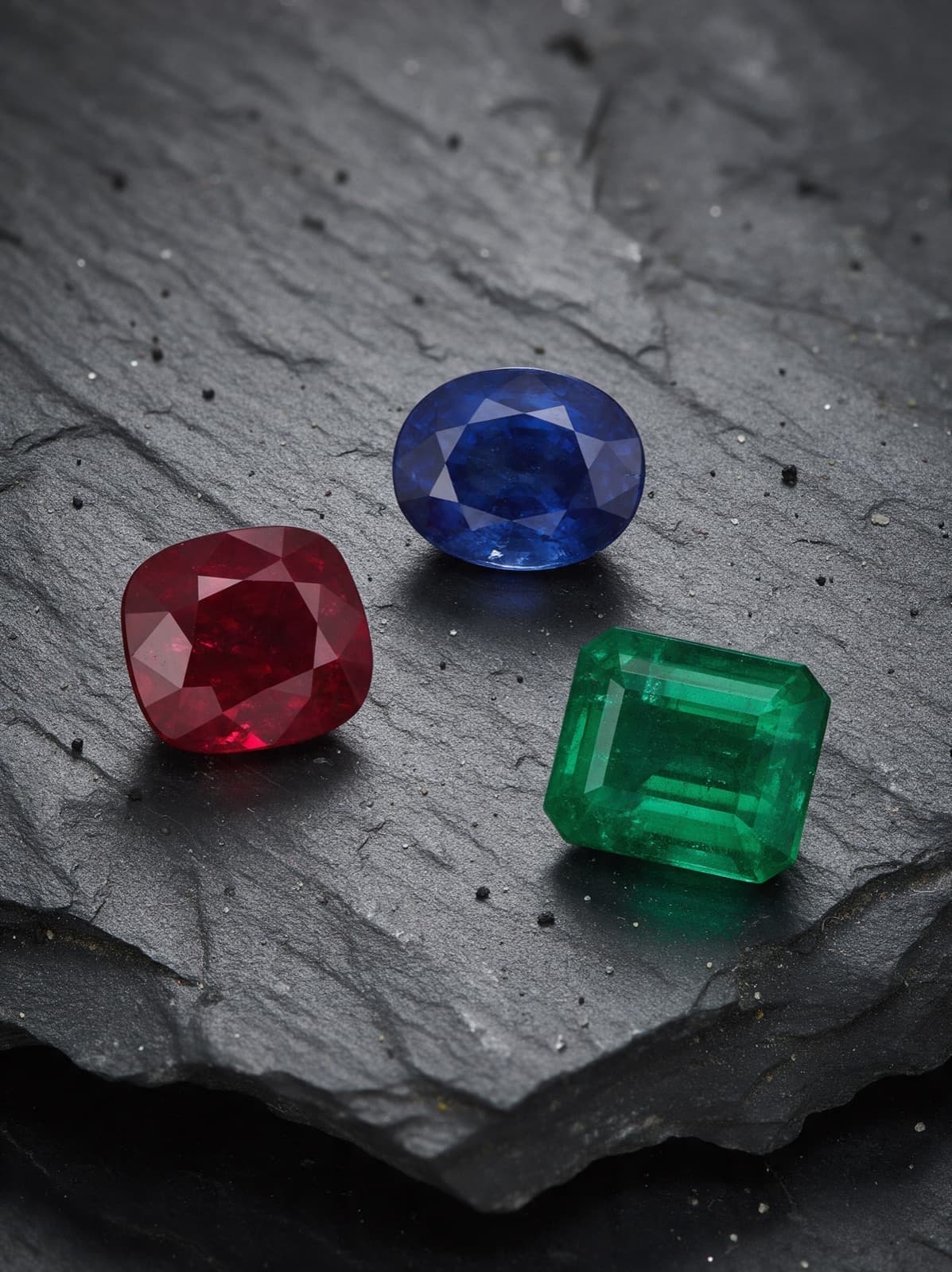 Unheated ruby, Ceylon sapphire and Colombian emerald arranged on black velvet