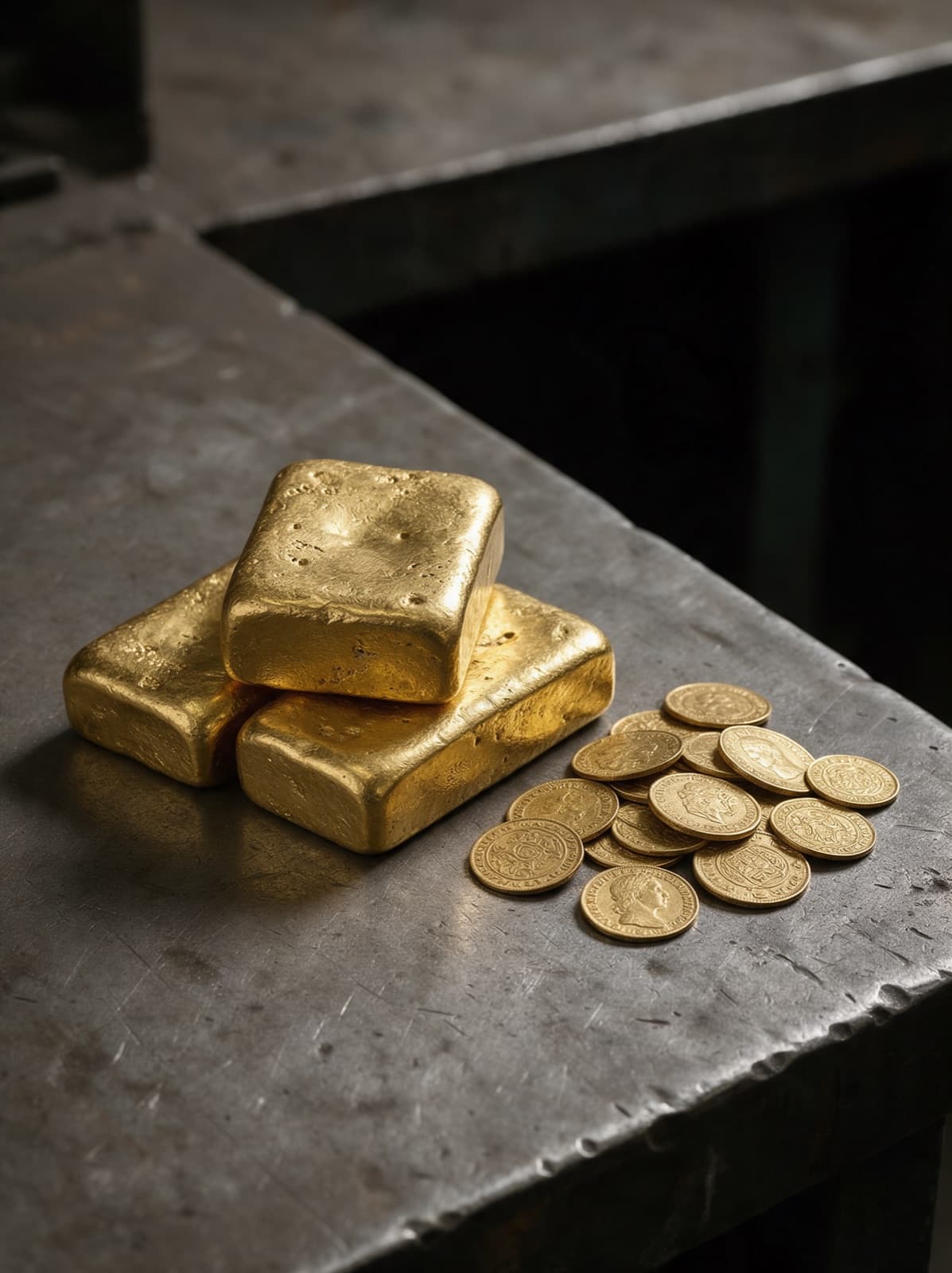 Stacked gold bullion bars and minted coins on a dark surface