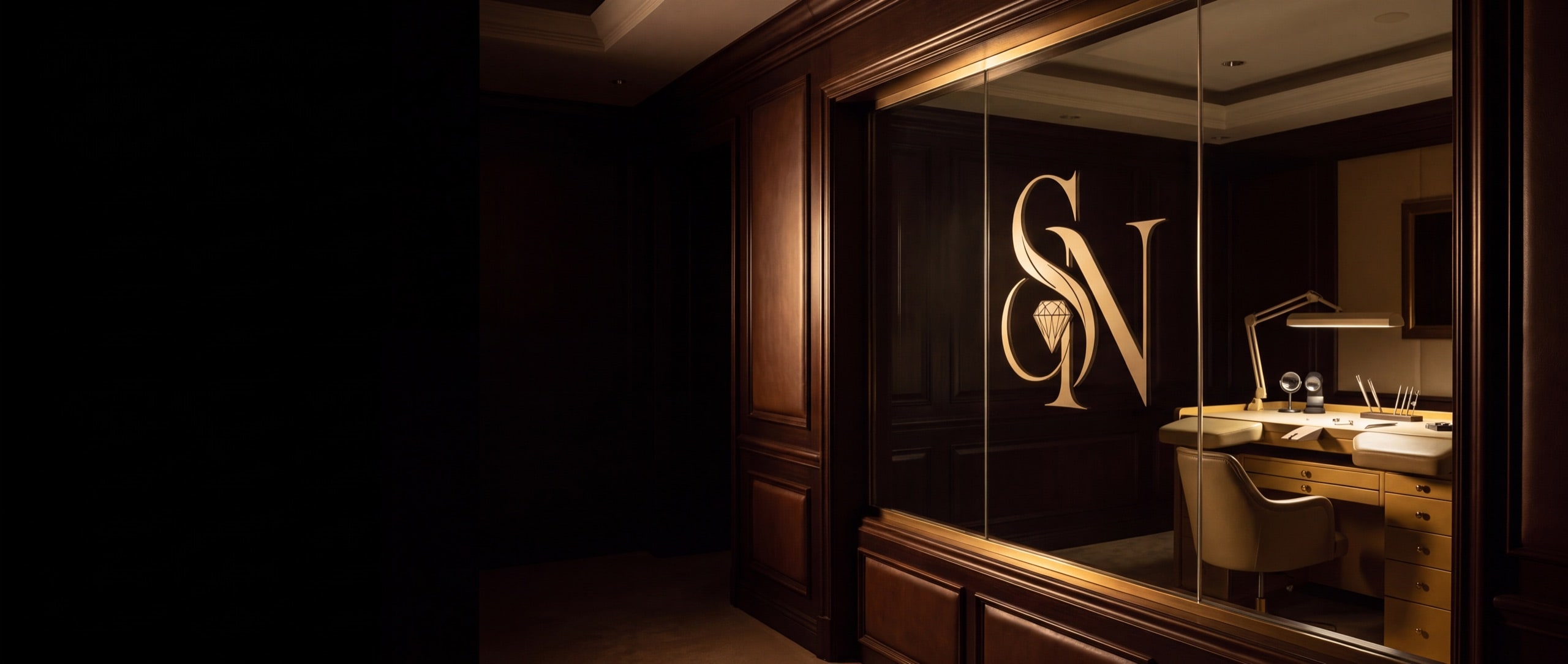 The Sayyid & Najjar Co. trading office in Dubai at night, the house monogram etched into the glass partition