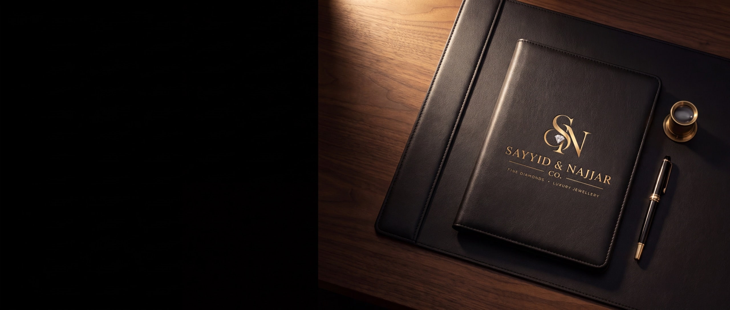 A black leather portfolio debossed with the Sayyid & Najjar Co. monogram on a dark walnut desk