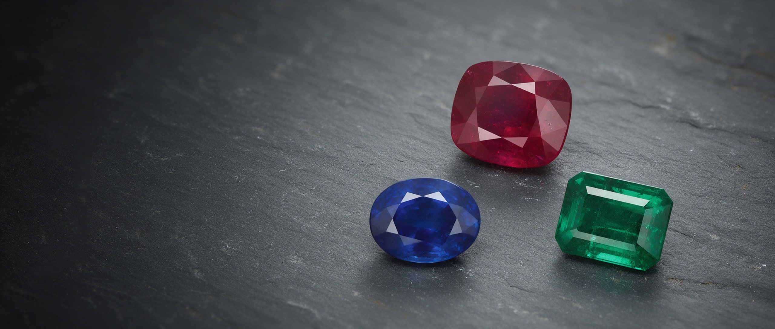 An unheated ruby, a Ceylon sapphire and a Colombian emerald arranged on a black stone surface