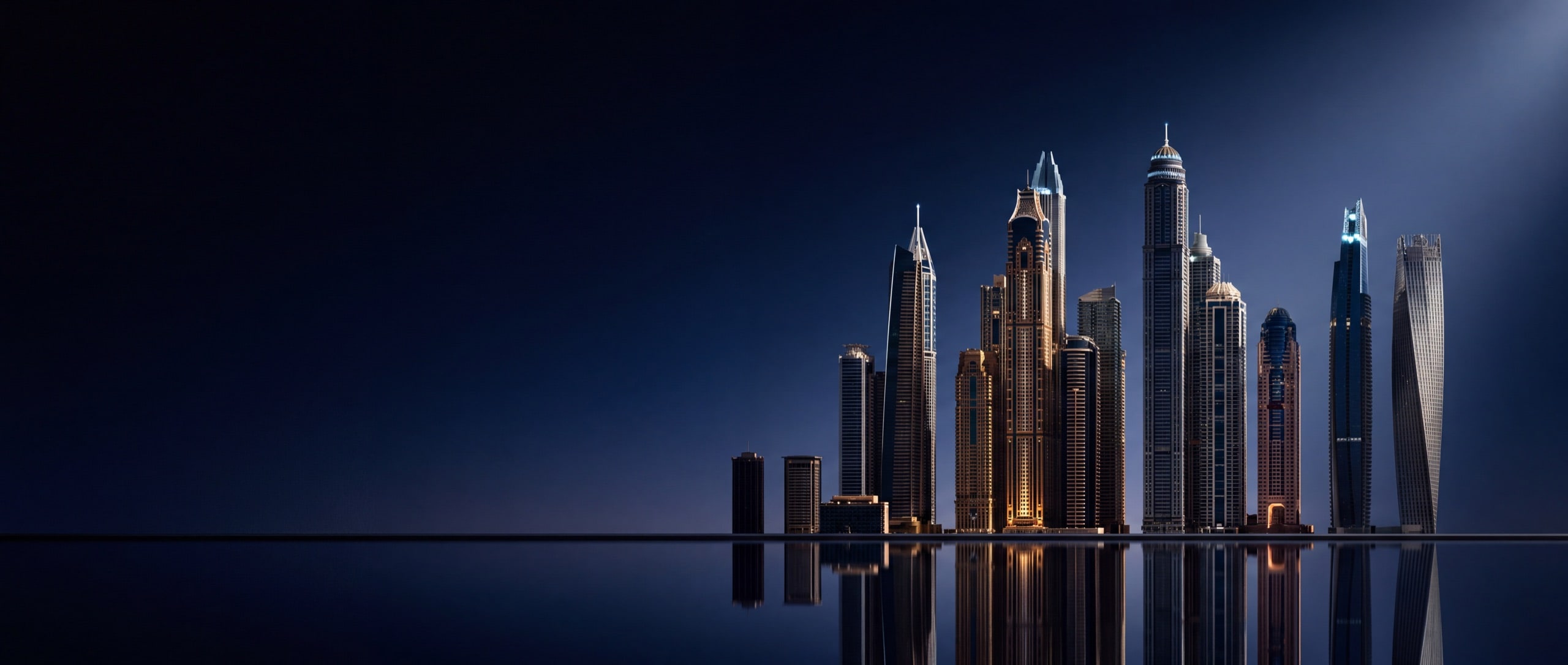 The Dubai skyline at blue hour seen across still water