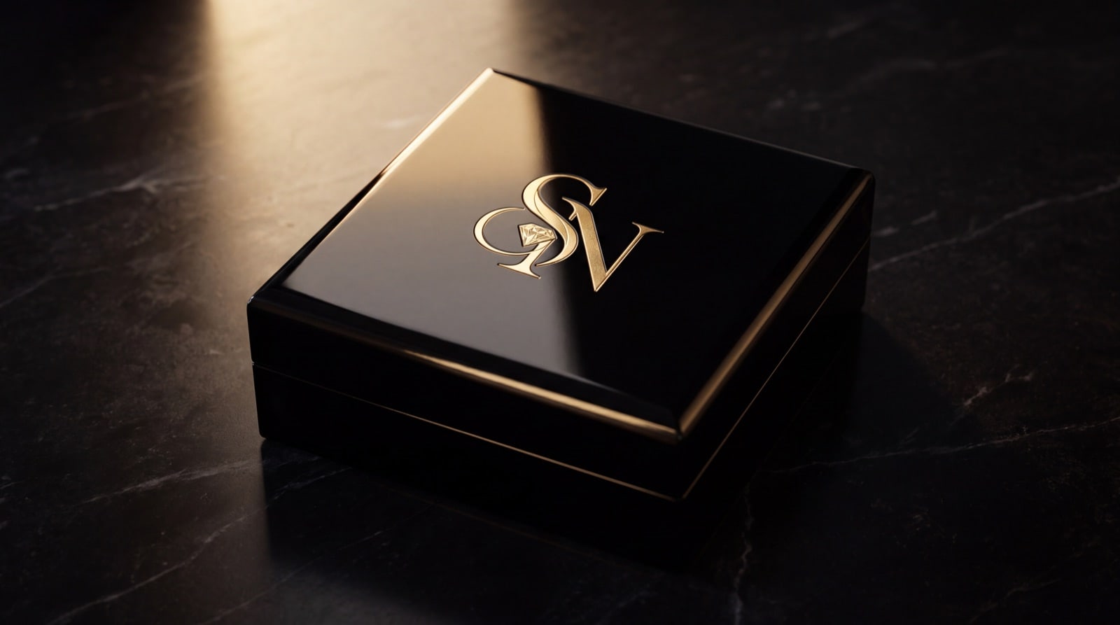 A black lacquered presentation box embossed with the Sayyid & Najjar Co. monogram in gold