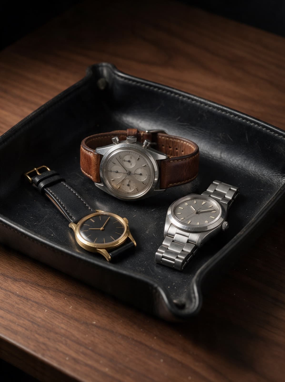 Luxury wristwatches including chronographs and dress watches displayed on a dark surface